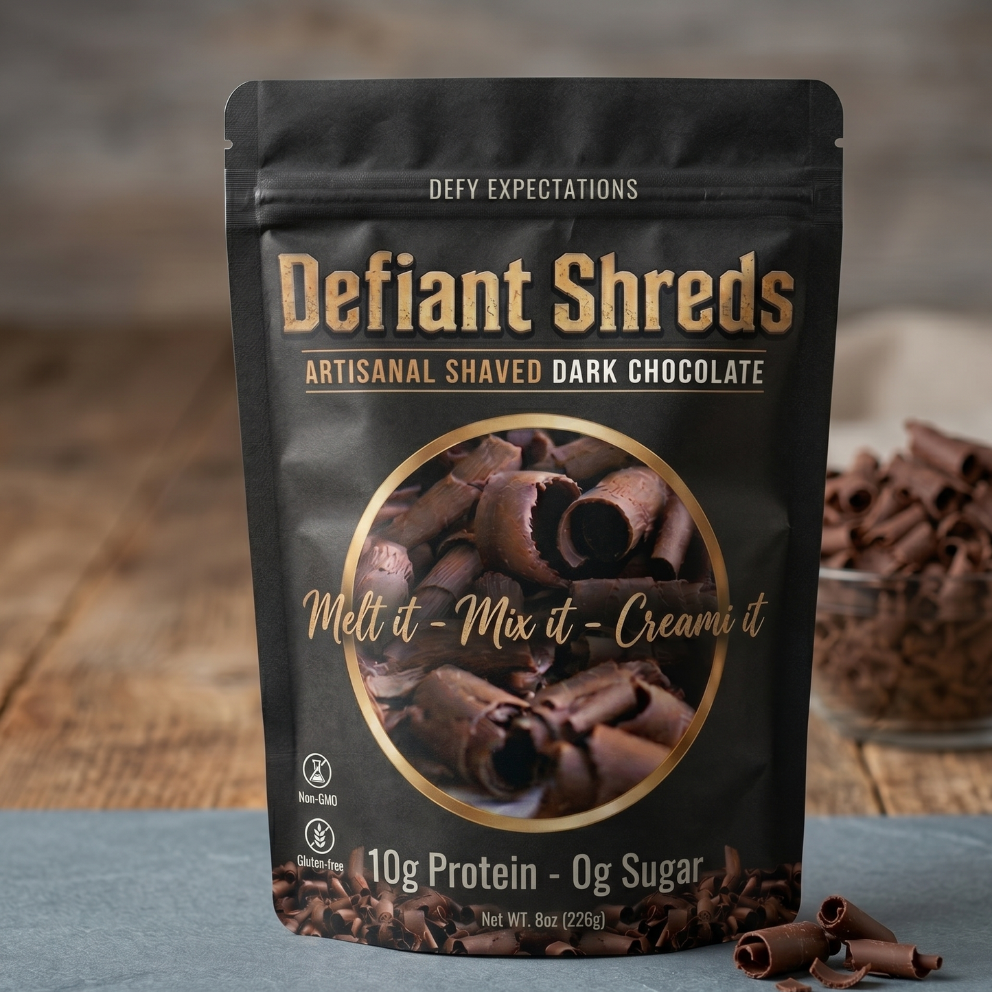 Defiant Shreds artisanal shaved dark chocolate packaging on a wooden surface
