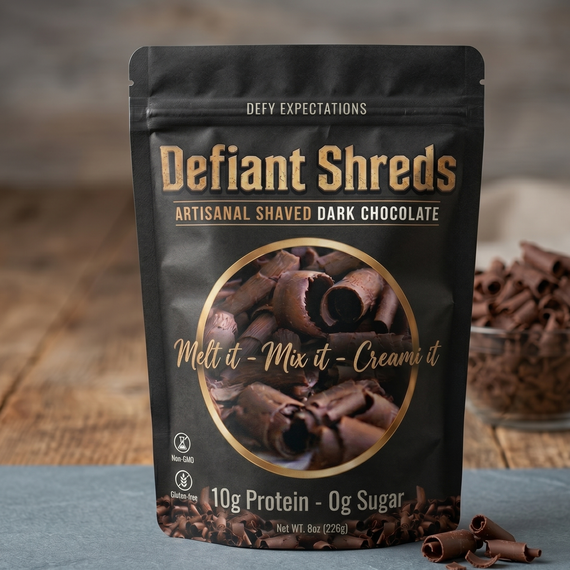 Defiant Shreds artisanal shaved dark chocolate packaging on a wooden surface